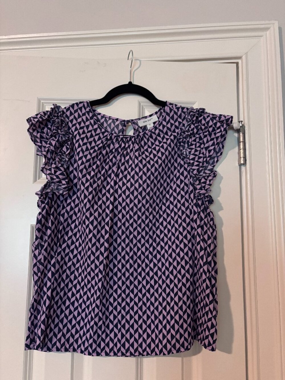On 34th Purple Navy Geometric Ruffle Sleeve Blouse
